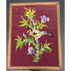 French Floral Tapestry Needlepoint bird Framed Frame wall art Burgundy